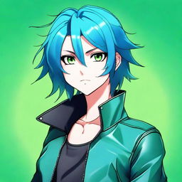 An anime character with striking green eyes and vibrant blue hair is shown