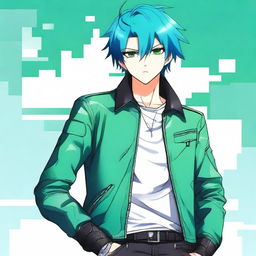 An anime character with striking green eyes and vibrant blue hair is shown