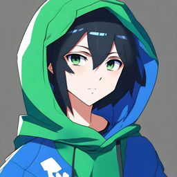 A digital art image of an anime character with jet black hair and dark green eyes is depicted