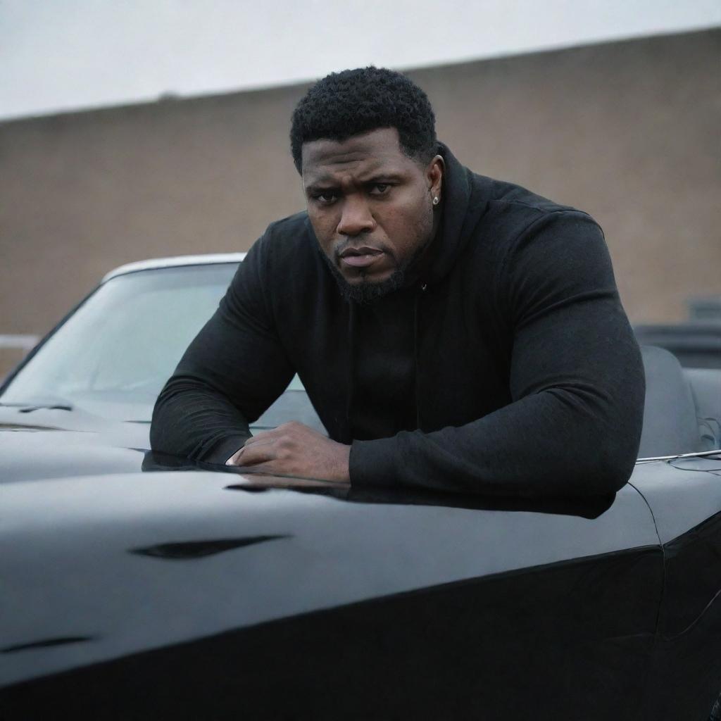 A fearsome man with beast-like features sitting assertively at the hood of a sleek, black car