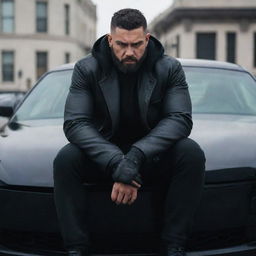 A fearsome man with beast-like features sitting assertively at the hood of a sleek, black car