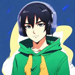 This high-quality digital art portrays an anime character with black hair and dark green eyes