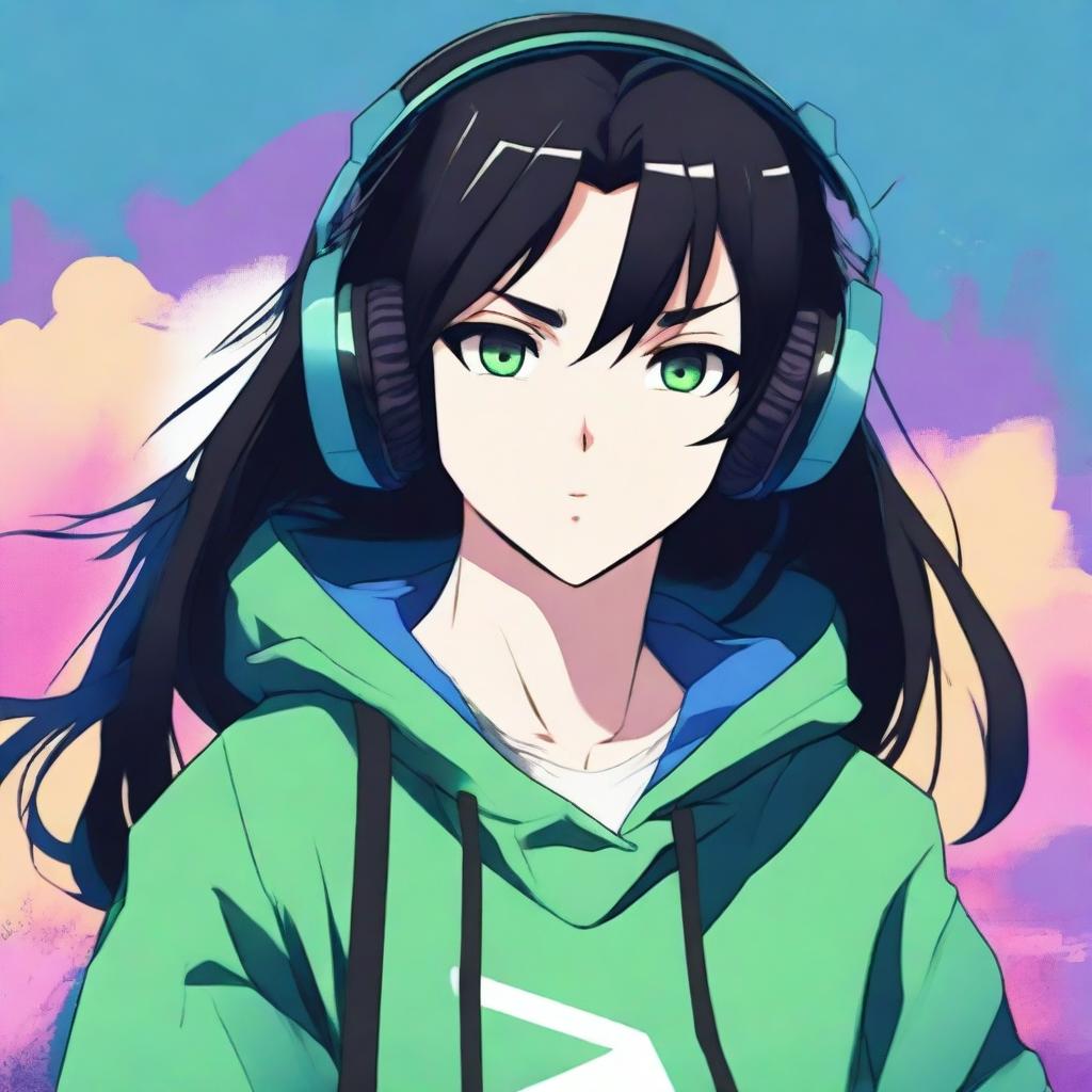 This high-quality digital art portrays an anime character with black hair and dark green eyes