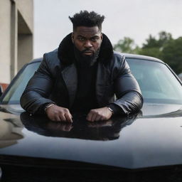 A fearsome man with beast-like features sitting assertively at the hood of a sleek, black car