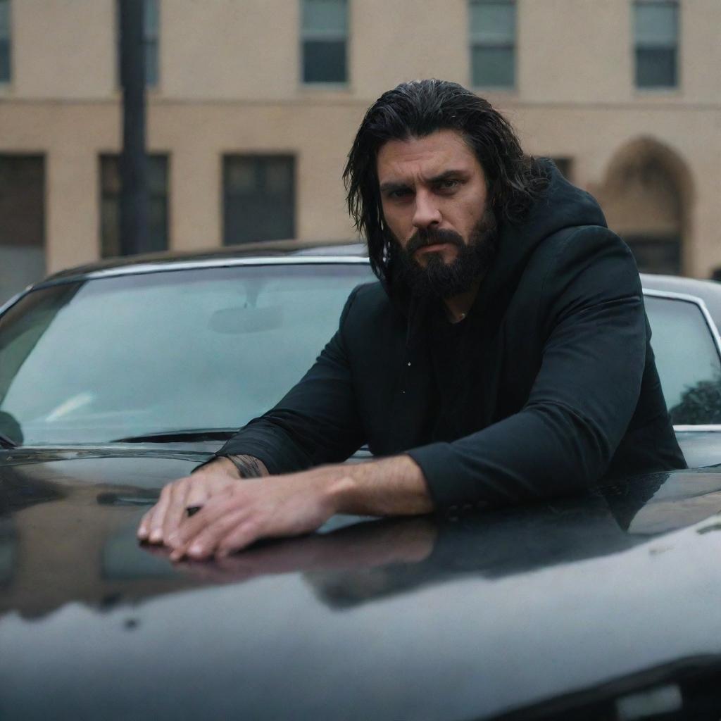 A fearsome man with beast-like features sitting assertively at the hood of a sleek, black car