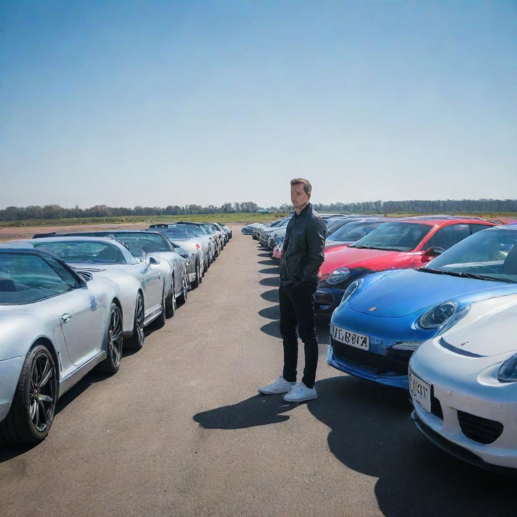 An individual standing poised between a lineup of gleaming Porsche and BMW cars, under clear blue skies.