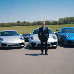 An individual standing poised between a lineup of gleaming Porsche and BMW cars, under clear blue skies.