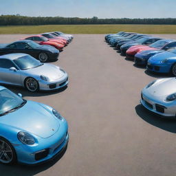 An individual standing poised between a lineup of gleaming Porsche and BMW cars, under clear blue skies.