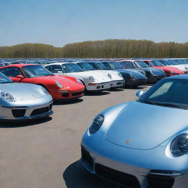 An individual standing poised between a lineup of gleaming Porsche and BMW cars, under clear blue skies.