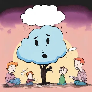In the cartoon, the depolarization of the character's emotions is depicted by the shifting colors of their thought bubble.