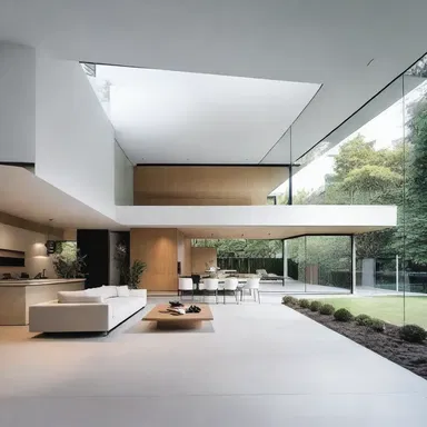 The modern minimalist house design incorporates depolarization of lines and shapes, creating a visually intriguing and balanced space.