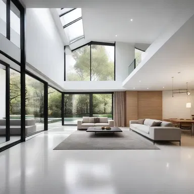 The modern minimalist house design incorporates depolarization of lines and shapes, creating a visually intriguing and balanced space.