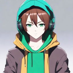 A digital art image showcases an anime character with brown hair and dark green eyes