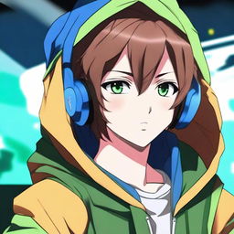 A digital art image showcases an anime character with brown hair and dark green eyes