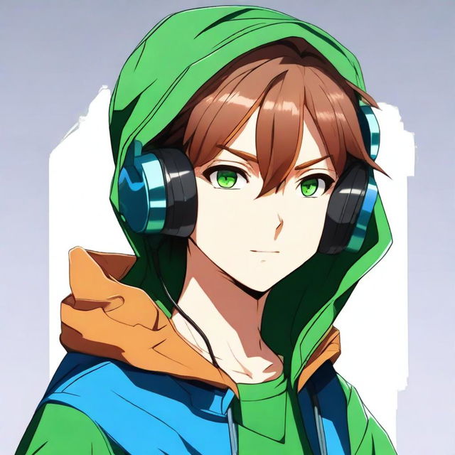 A digital art image showcases an anime character with brown hair and dark green eyes