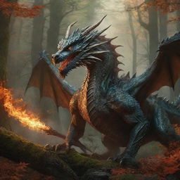 A majestic dragon, surrounded by a blazing forest, with a determined warrior standing courageously behind the dragon.