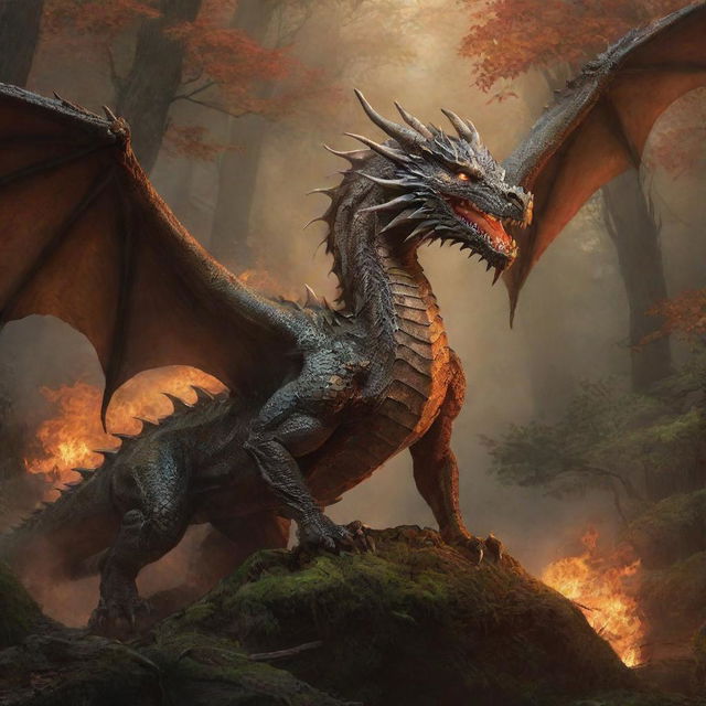 A majestic dragon, surrounded by a blazing forest, with a determined warrior standing courageously behind the dragon.