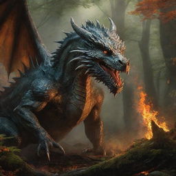 A majestic dragon, surrounded by a blazing forest, with a determined warrior standing courageously behind the dragon.