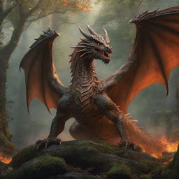 A majestic dragon, surrounded by a blazing forest, with a determined warrior standing courageously behind the dragon.