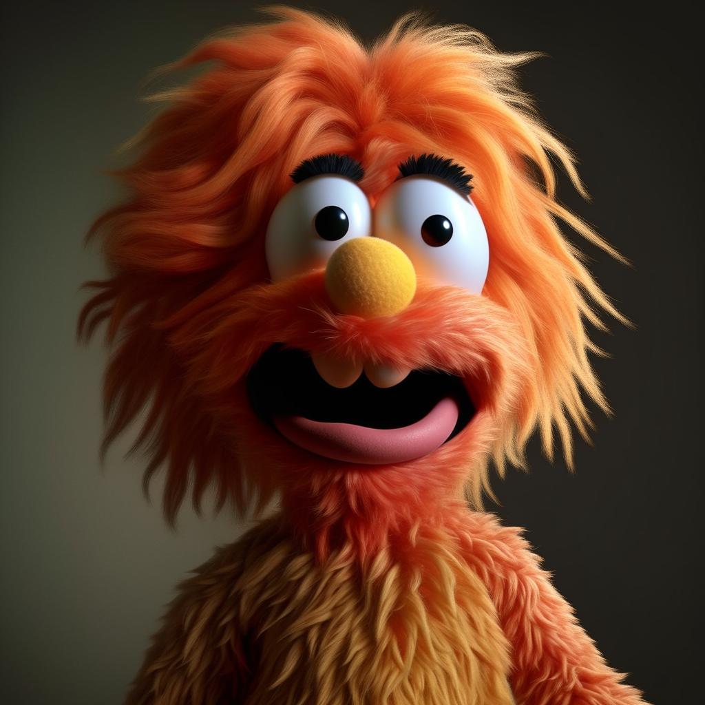 A hyper-realistic portrayal of a hairless version of Elmo, the Sesame Street character, with detailed textures and shadows.