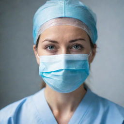 A professional female doctor expertly clad in medical attire, her face covered by a protective surgical mask.