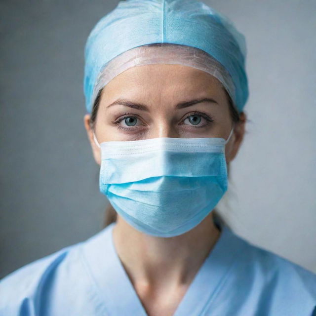 A professional female doctor expertly clad in medical attire, her face covered by a protective surgical mask.