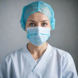 A professional female doctor expertly clad in medical attire, her face covered by a protective surgical mask.