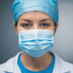 A professional female doctor expertly clad in medical attire, her face covered by a protective surgical mask.