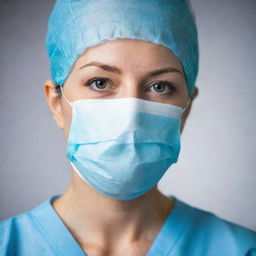 A professional female doctor expertly clad in medical attire, her face covered by a protective surgical mask.