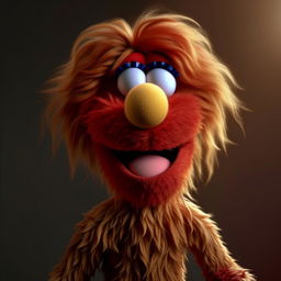 A hyper-realistic portrayal of a hairless version of Elmo, the Sesame Street character, with detailed textures and shadows.