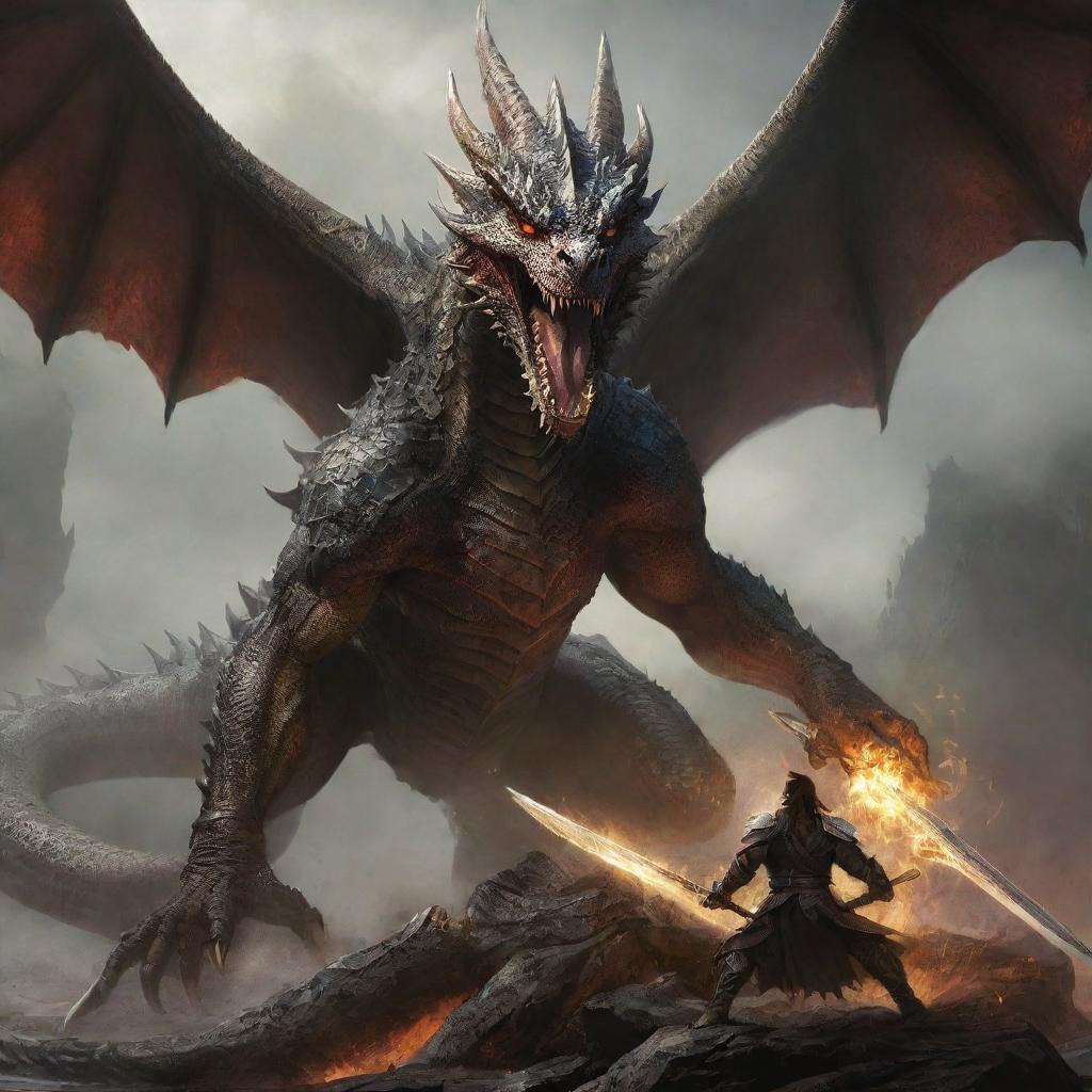 A fierce dragon warrior brandishing his gleaming sword, victoriously standing over the fallen body of a monstrous dragon.