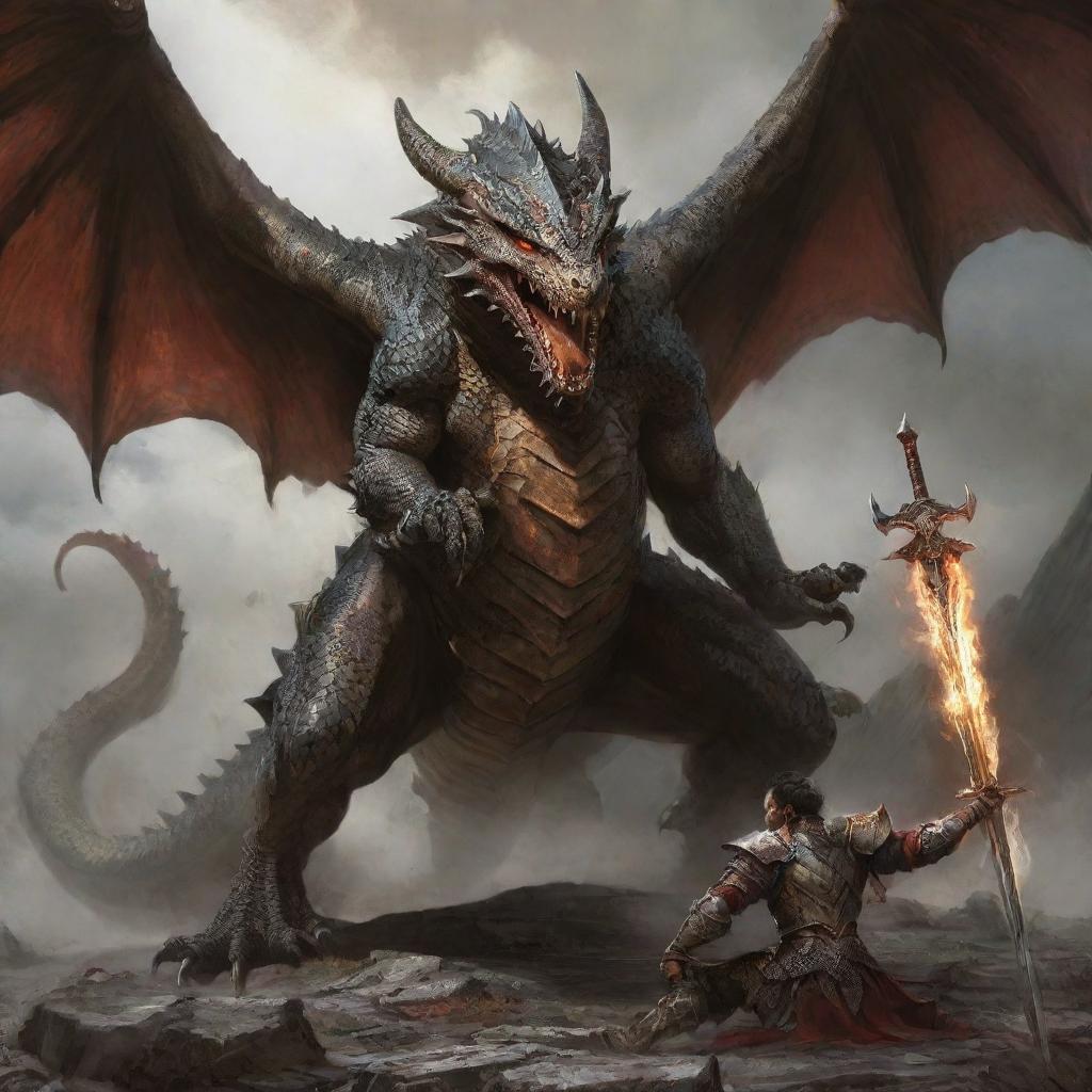 A fierce dragon warrior brandishing his gleaming sword, victoriously standing over the fallen body of a monstrous dragon.