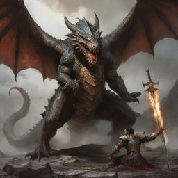 A fierce dragon warrior brandishing his gleaming sword, victoriously standing over the fallen body of a monstrous dragon.