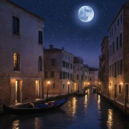 A breathtaking scene of twilight, transitioning from deep purple to an inky navy, dotted with numerous twinkling stars. Ancient Venetian palazzos cast silhouettes against this backdrop, their windows aglow with warm candlelight. A tranquil canal beautifully reflects the moon and stars, with quiet gondolas passing.