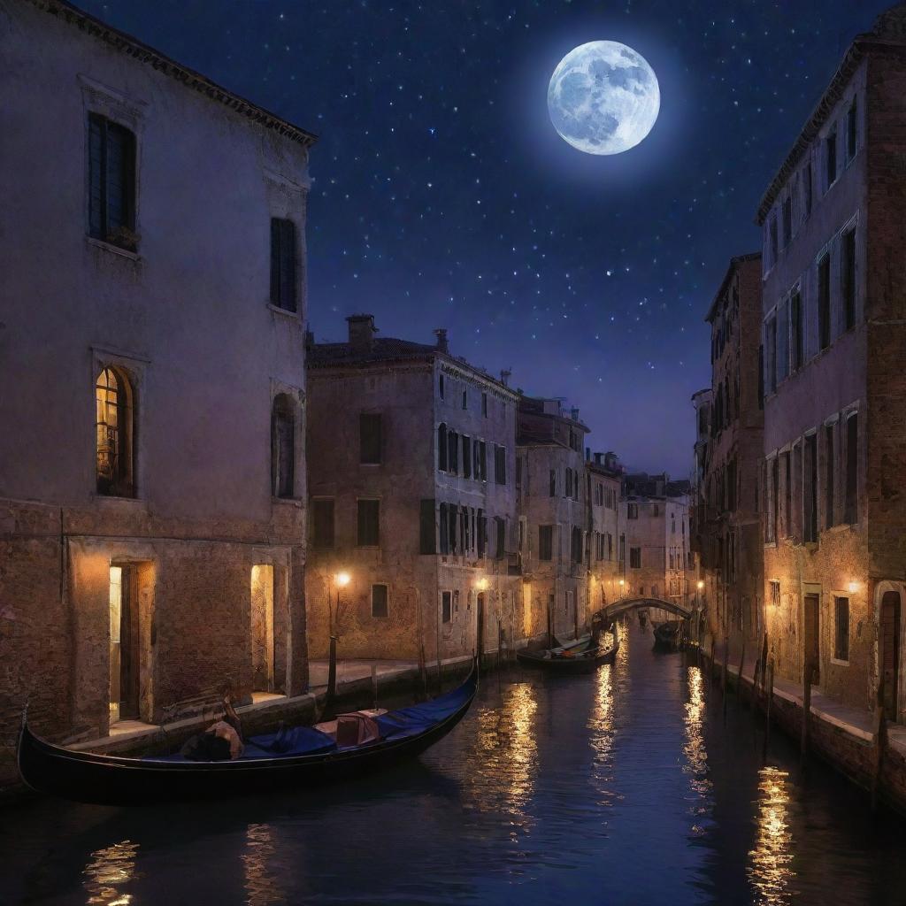 A breathtaking scene of twilight, transitioning from deep purple to an inky navy, dotted with numerous twinkling stars. Ancient Venetian palazzos cast silhouettes against this backdrop, their windows aglow with warm candlelight. A tranquil canal beautifully reflects the moon and stars, with quiet gondolas passing.