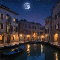 A breathtaking scene of twilight, transitioning from deep purple to an inky navy, dotted with numerous twinkling stars. Ancient Venetian palazzos cast silhouettes against this backdrop, their windows aglow with warm candlelight. A tranquil canal beautifully reflects the moon and stars, with quiet gondolas passing.