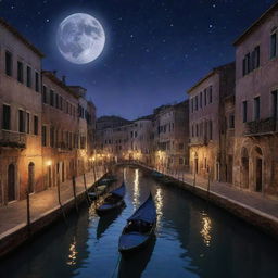 A breathtaking scene of twilight, transitioning from deep purple to an inky navy, dotted with numerous twinkling stars. Ancient Venetian palazzos cast silhouettes against this backdrop, their windows aglow with warm candlelight. A tranquil canal beautifully reflects the moon and stars, with quiet gondolas passing.