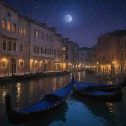 A breathtaking scene of twilight, transitioning from deep purple to an inky navy, dotted with numerous twinkling stars. Ancient Venetian palazzos cast silhouettes against this backdrop, their windows aglow with warm candlelight. A tranquil canal beautifully reflects the moon and stars, with quiet gondolas passing.