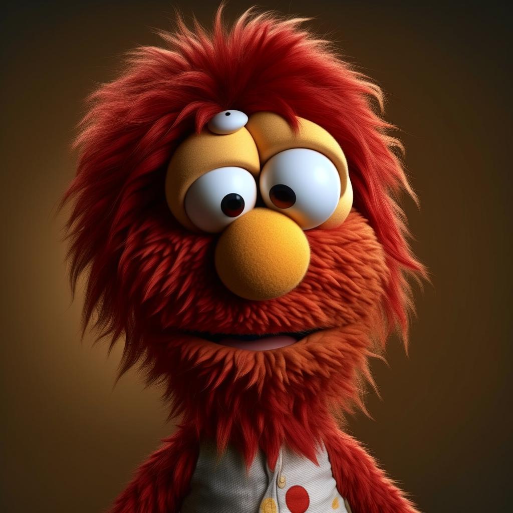 A hyper-realistic portrayal of a hairless version of Elmo, the Sesame Street character, with detailed textures and shadows.