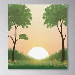 A banner design inspired by the beauty of nature, incorporating elements of leaves, trees, sunrise, flowers, and grass, giving a sense of serene reality.