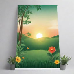 A banner design inspired by the beauty of nature, incorporating elements of leaves, trees, sunrise, flowers, and grass, giving a sense of serene reality.