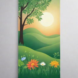 A banner design inspired by the beauty of nature, incorporating elements of leaves, trees, sunrise, flowers, and grass, giving a sense of serene reality.