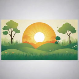 A banner design inspired by the beauty of nature, incorporating elements of leaves, trees, sunrise, flowers, and grass, giving a sense of serene reality.