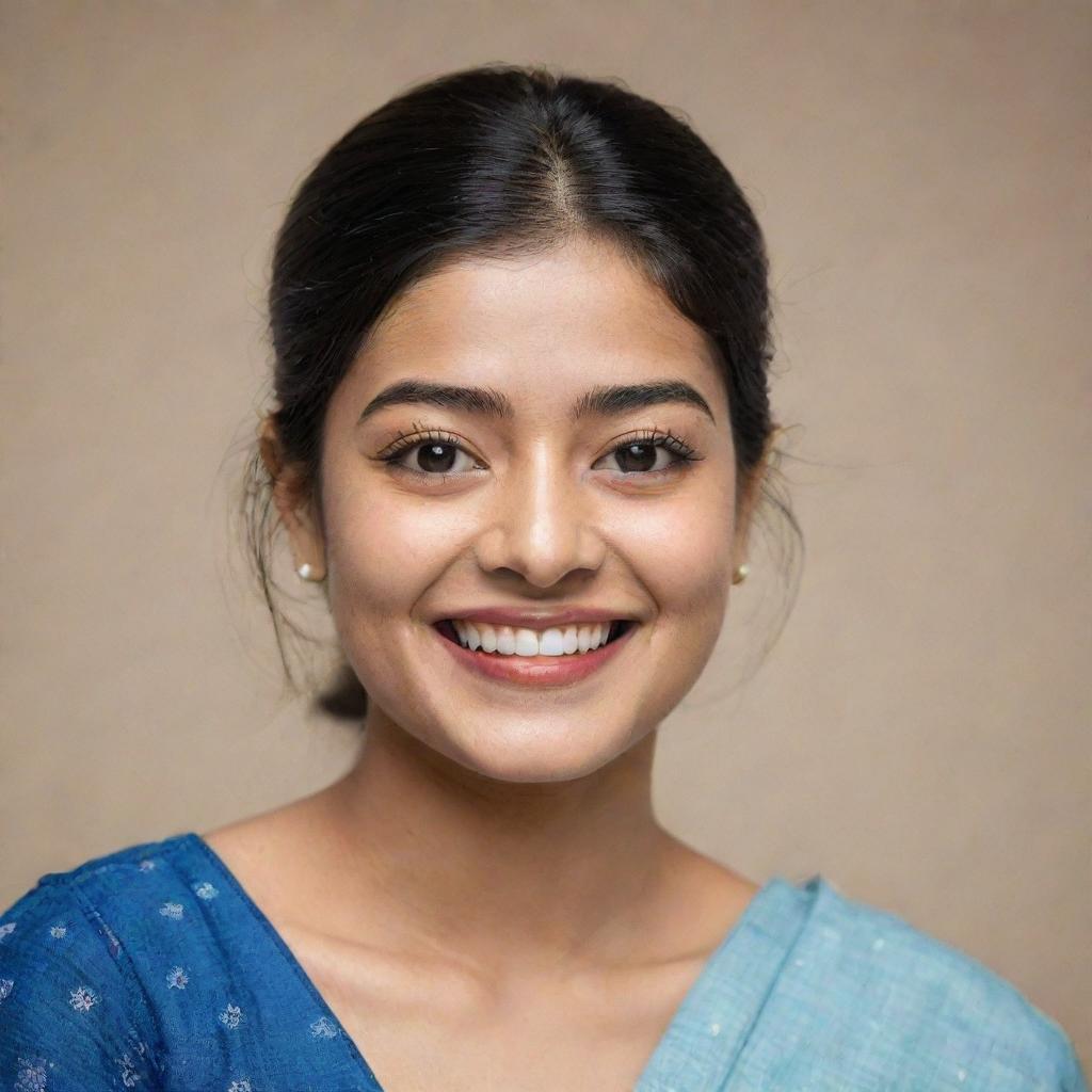 A portrait of Rashmika Mandanna, an Indian film actress, with her distinctive smile and sparkling eyes.