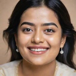 A portrait of Rashmika Mandanna, an Indian film actress, with her distinctive smile and sparkling eyes.