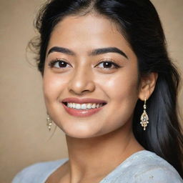 A portrait of Rashmika Mandanna, an Indian film actress, with her distinctive smile and sparkling eyes.