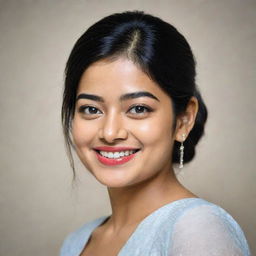 A portrait of Rashmika Mandanna, an Indian film actress, with her distinctive smile and sparkling eyes.