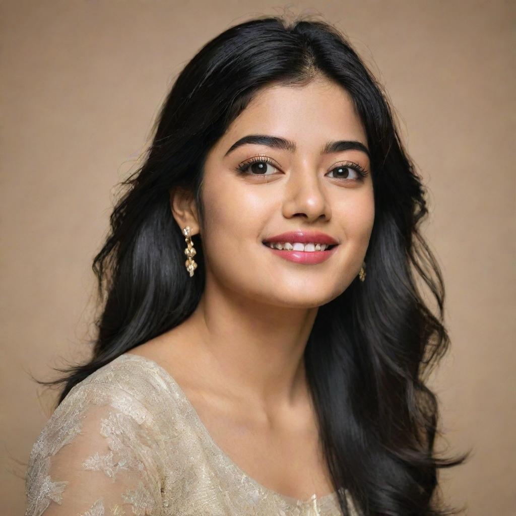 A portraiture of Rashmika Mandanna, a South Indian film actress, showcasing her unique beauty and captivating charm.