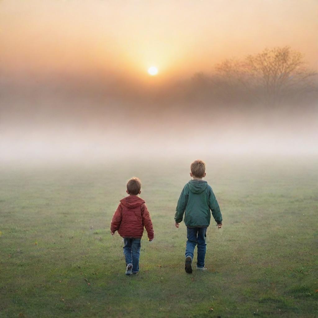 A young boy walking on the grass in a foggy morning, with a stunning sunrise in the background