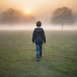 A young boy walking on the grass in a foggy morning, with a stunning sunrise in the background